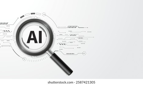 Concept of Artificial intelligence. AI search engines and analysis. Magnifying glass focus AI words on the circuit board. Modern futuristic design background. Vector illustration.	