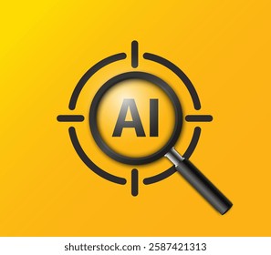 Concept of Artificial intelligence. AI search engines and analysis. Magnifying glass focus AI words on a yellow background. Vector illustration.