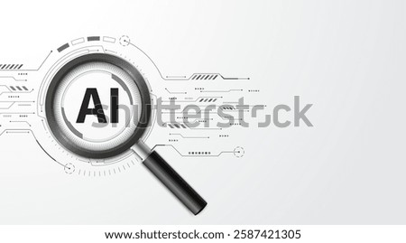 Concept of Artificial intelligence. AI search engines and analysis. Magnifying glass focus AI words on the circuit board. Modern futuristic design background. Vector illustration.	