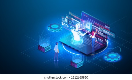 El concepto de inteligencia artificial AI. Tecnología para trabajar con una computadora cerebral inteligente. Robot humano trabajando en una laptop. Ingeniero de mantenimiento trabajando en pantalla digital. Programación robótica  