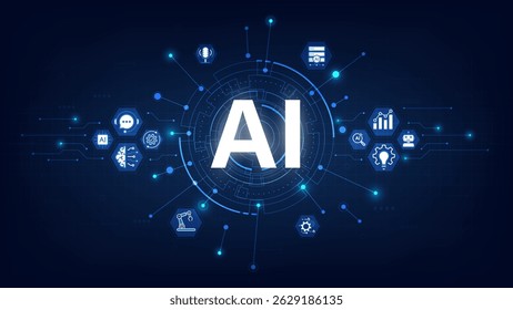 Concept of Artificial Intelligence. AI text on a circuit board in futuristic background. AI technology icon, sign information, automation, big data, and deep learning. Vector illustration.