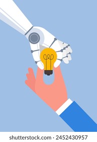 Concept of artificial intelligence assistant, AI robot hands and Human hands holding light bulb, Machine Learning help humans think of ideas, Ai generated