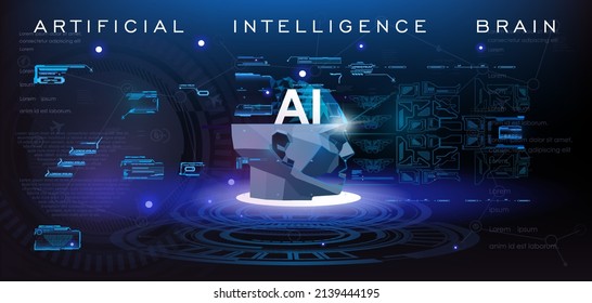 Concept of artificial intelligence brain. Abstract glowing digital brain with user interface. Futuristic artificial intelligence brain design with futuristic hud elements