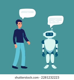 Concept of artificial Intelligence and business automation. Android talking with robot. Flat design, vector illustration.