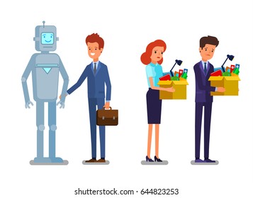 Concept of artificial Intelligence and business automation. Businessman standing with robot. Dismissed frustrated business people. Flat design, vector illustration.