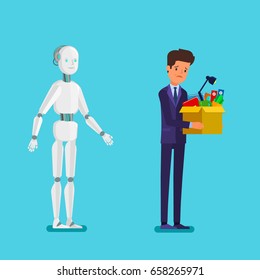 Concept of artificial Intelligence and business automation. Businessman standing with robot. Dismissed frustrated businessman. Flat design, vector illustration.