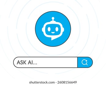 Concept of Artificial intelligence. Chatbot and AI Assistant. Search engine bar and Robot. Input prompt as commands for search and analysis by AI. Vector illustration.