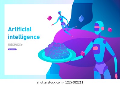 Concept of Artificial Intelligence and Cyber Monday, futuristic cyberpunk design, cyborgs work on surrealistic project, modern nano technology for website and mobile website. Landing page template