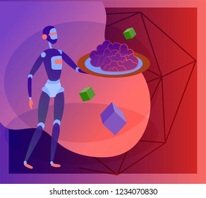 Concept of Artificial Intelligence and Cyber Monday, futuristic cyberpunk design, cyborgs work on surrealistic project, modern nano technology for website and mobile website. Landing page template