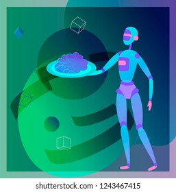 Concept of Artificial Intelligence and Cyber Monday, futuristic cyberpunk design, cyborgs work on surrealistic project, modern nano technology for website and mobile website. Landing page template