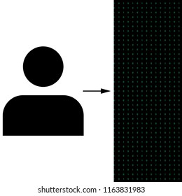 Concept of artificial intelligence and digital man. Machine learning and cyber mind domination concept in form of human silhouette. Binary data flow. Vector design illustration