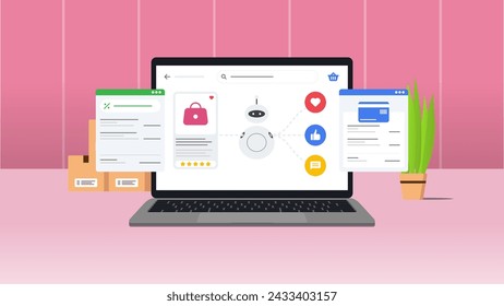 Concept of artificial intelligence e commerce marketing. Vector illustration with pink or red background