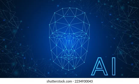 Concept of artificial intelligence face, combination of robot face and electronic circuit, cyber mind training. AI illustration for banner, website, landing page, ads, flyer template.