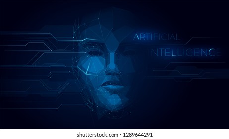 Concept of artificial intelligence face, robot face combined with electronic circuit, machine learning, cyber mind education