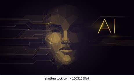 Concept of artificial intelligence face, robot face combined with electronic circuit, machine learning, cyber mind education