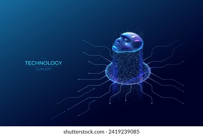 Concepto de Inteligencia Artificial. Concepto de tecnología futurista sobre fondo oscuro. Cara isométrica de neón ciborg. AI Big Data partículas azul claro-púrpura, circuito de luz. Ilustración vectorial 3D digital