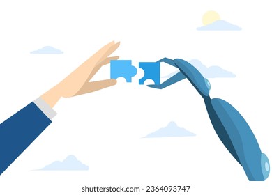 Concept of Artificial Intelligence Human and AI working together, automation to help or support work, solution or connecting ideas, businessman and AI robot connecting jigsaw puzzle together.