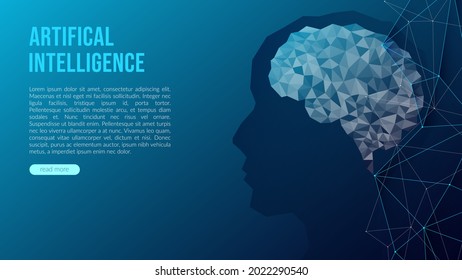 Concept, artificial intelligence. Human brain concept. Linear isolated editable illustration in low poly style. Design template for web banner and social media. Copy space