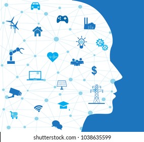 Concept of Artificial Intelligence with Icons on Human head. Networks Design Concep with Icons on background