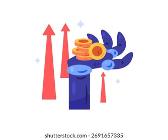 O conceito de inteligência artificial e renda. Usar a IA para ganhar dinheiro e ganho financeiro. Ilustração de uma mão robótica segurando uma moeda e uma seta para cima. Estilo de design plano. Fundo branco.