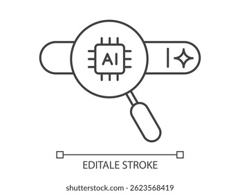 Conceito de inteligência artificial. Lente de aumento com barra de pesquisa AI. Pesquisa e análise de IA. Análise de dados, aprendizagem automática e mecanismo de pesquisa inteligente. Ilustração vetorial. Traçado editável.