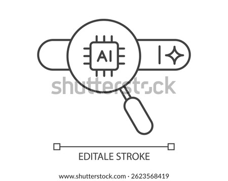 Concept of Artificial Intelligence. Magnifying glass with AI search bar. AI searching and analysis. Data analysis, machine learning, and smart search engine. Vector illustration. Editable stroke.