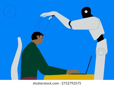 Concept of artificial intelligence manipulating human behavior. AI robot controlling a person like a puppet on strings, symbolizing digital influence, algorithmic control, and dependence on technology