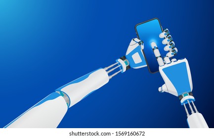The concept of artificial intelligence. The mechanical arms of the robot with a smartphone. The technology of workflow automation. 3D illustration, blue background.