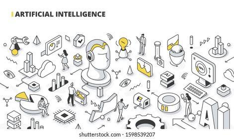 Concept of artificial intelligence research and development. AI and machine learning revolution. Isometric outline illustration for web banners, hero images, printed materials