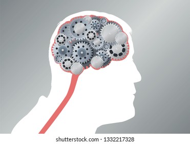 Concept of artificial intelligence and robotized thinking with the profile of a man whose brain shape delimits a mechanism made of metal gears.