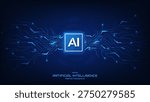 Concept of artificial intelligence and smart network digital technology. AI chip with circuit lines on futuristic background. Computer processor chip. Quantum and innovation tech. Vector illustration.