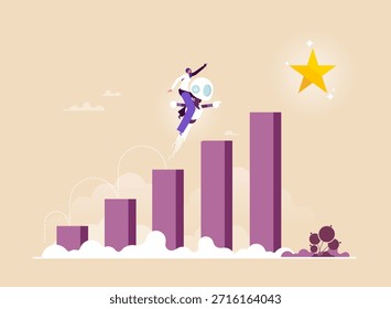 Concept of artificial intelligence support, business growth, teamwork, and success, robot help a businesswoman climb growth graph, AI technology helps Economic growth