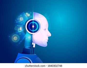 concept of artificial intelligence technology, graphic of robot with hologram brain