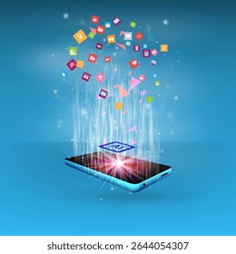 The concept of artificial intelligence technology. Mobile phones work together with  technology to help send and receive information,Vector  fantastic style