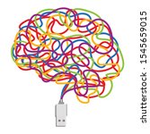 Concept of artificial intelligence with a USB key and connecting cables of different colors, which take the form of a human brain.