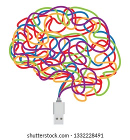 Concept of artificial intelligence with a USB key and its connecting wires of different colors, which take the form of a human brain.
