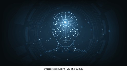 Concept of artificial intelligence(AI) and Electronic Brain. Graphic of a digital brain and Human head outline made from the circuit board, connecting on dark blue background.