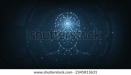 Concept of artificial intelligence(AI) and Electronic Brain. Graphic of a digital brain and Human head outline made from the circuit board, connecting on dark blue background.
