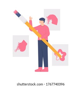 the concept of an artist, painter, graphic design, designer, freelance worker. illustration of a man holding a brush to make a painting. flat design. can be used for elements, landing pages, UI, web