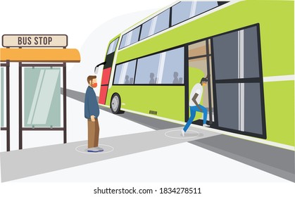 a concept artwork, depicting passengers wearing masks, and maintaining social distance even while boarding a bus.