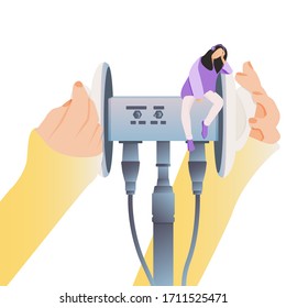Concept of ASMR. Hands are touching sensors, triggers and girl listens. For blogger to make massage, whisper, rustling. Autonomous sensory meridian response. Vector Illustration, isolated. svg
