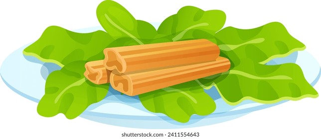 Concept asparagus food icon lying on green grass plate, vegan foodstuff organic plant, vegetarian cartoon vector illustration, isolated on white. Asian herb piece sliced natural meal.