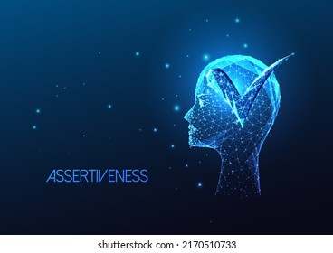 Concept of assertiveness, self confidence with check mark and human head on dark blue background