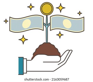 Concept Of Asset Management With Bills And Coins Growing From Seedlings [Vector Illustration].