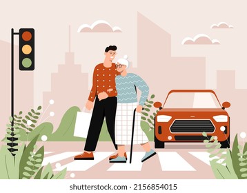 Concept of assistance. Young guy takes his grandmother across road. Volunteer helps elderly signora, care and support, charity. Characters on street, road traffic. Cartoon flat vector illustration