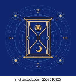 concept of astrology or spacetime, graphic of mythology hourglass emblem with sun and moon on galaxy background presented in gypsy or tarot card style