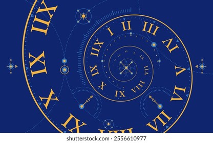 concept of astrology or spacetime, graphic of spiral time emblem with galaxy elements presented in gypsy or tarot card style