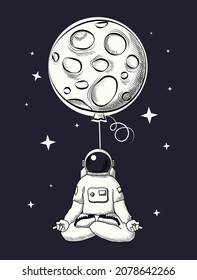 Concept of astronaut. Cosmonaut sits in lotus position on background of moon, meditation, yoga. Relax, successful. Character has completed tasks, reached goal. Cartoon flat vector illustration