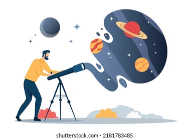 Concepto de astronomía. El hombre con telescopio estudia galaxia y universo, mira diferentes planetas. Investigación científica, astrología. Afiche o cartel para el sitio web. Dibujo vectorial plano de dibujos animados