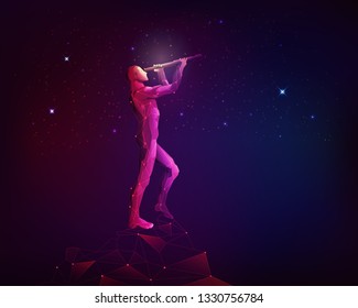 concept of astronomy technology, polygon man looking through telescope with galaxy stars background